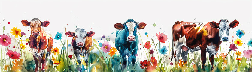 Cows in a watercolor flower field peaceful grazing floral beauty isolated white - obrazy, fototapety, plakaty