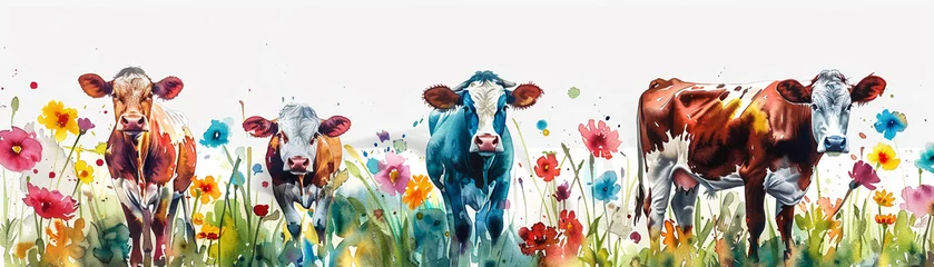 Fotobehang Cows in a watercolor flower field peaceful grazing floral beauty isolated white © Pornarun