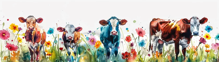 Foto op Plexiglas Cows in a watercolor flower field peaceful grazing floral beauty isolated white © Pornarun