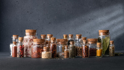Seasoning (herbs and spices) in small bottles