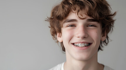 A smiling boy teenager with braces mouth, close up, space for text. The concept of modern dentistry. Generative AI