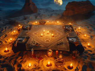 Low angle view of an intimate dinner in the desert where mathematics and infernal themes mingle