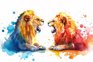 Lions having a watercolor mane styling contest playful scene bright colors isolated white