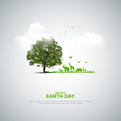 World earth day and environment day concept with plant growing concept birds, clouds and lens. modern and creative post, banner, greeting card. vector illustration.