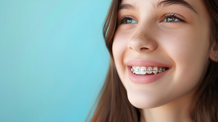 A smiling girl teenager with braces mouth, close up, space for text. The concept of modern dentistry. Generative AI - obrazy, fototapety, plakaty