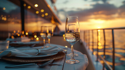 Soft lighting and lavish decor set the mood for a romantic dinner aboard a yacht amidst the serene twilight sea