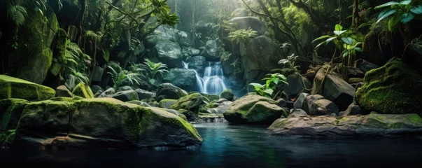  Amazing tropical forest with beautiful lake and fast flowing waterfall over boulders in background. © Filip
