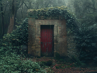 Fototapeta na wymiar unsustainable construction finding solace through a magic door to a sustainable woodland