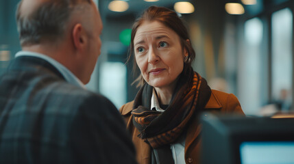 Confident client consulting with a knowledgeable bank representative, exuding trust and reliability. Professional and secure atmosphere depicted in this crystal-clear image.