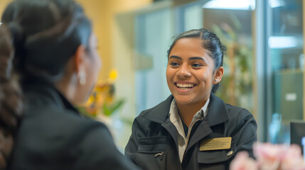 Warm and helpful bank staff going the extra mile to assist a delighted customer. Genuine smiles and positive vibes captured in this captivating image.
