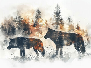 Wolves in a watercolor forest mist mysterious aura wild spirit isolated white - obrazy, fototapety, plakaty