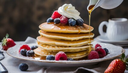 Pancakes with cream, sauce and fruit