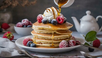 Pancakes with cream, sauce and fruit