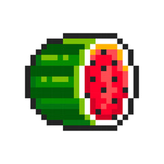 Pixel watermelon isolated on white background. Pixelated sticker. Slot machine or video game item. Fruit icon. Vector pixel art illustration in 8 bit old style.