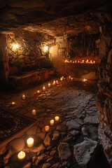 Occult meeting in a hidden chamber candles illuminating ancient texts