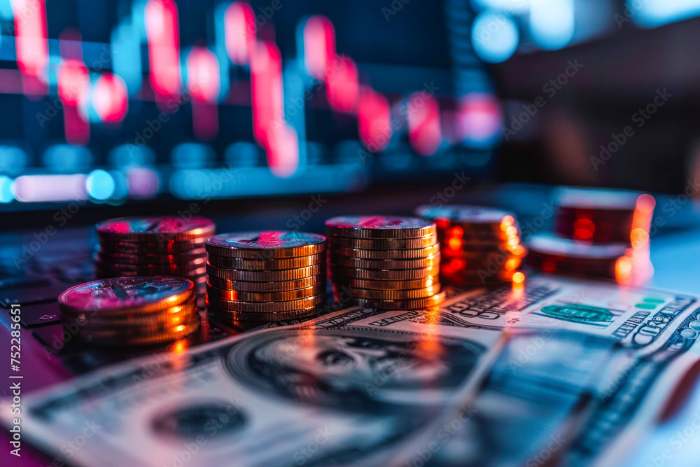 Poster glowing stock market analytics in the background with increasing stacks of coins and dollars on a ke