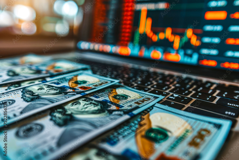 Poster detailed image showing us dollar bills on a laptop keyboard with a defocused stock chart behind