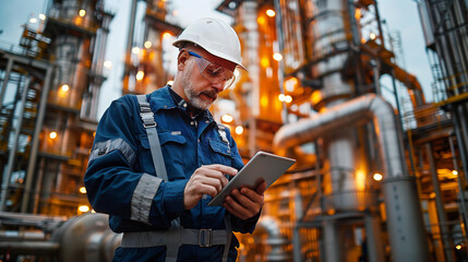Male engineer using tablet with white safety helmet standing front of oil refinery. Industry zone gas petrochemical. Factory oil storage tank and pipeline. Worker in a refinery