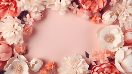 Peony flowers frame, greeting card template with copy space for personalized message, floral border.