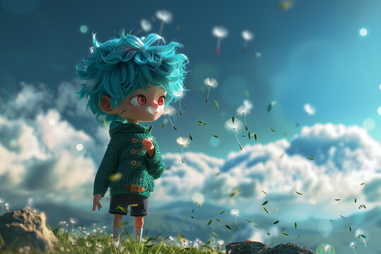 Ultra-realistic 4D photograph of a chibi boy with electric blue hair