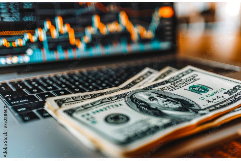 Poster detailed oriented image depicting dollars laid on a keyboard with the backdrop of stock charts, port
