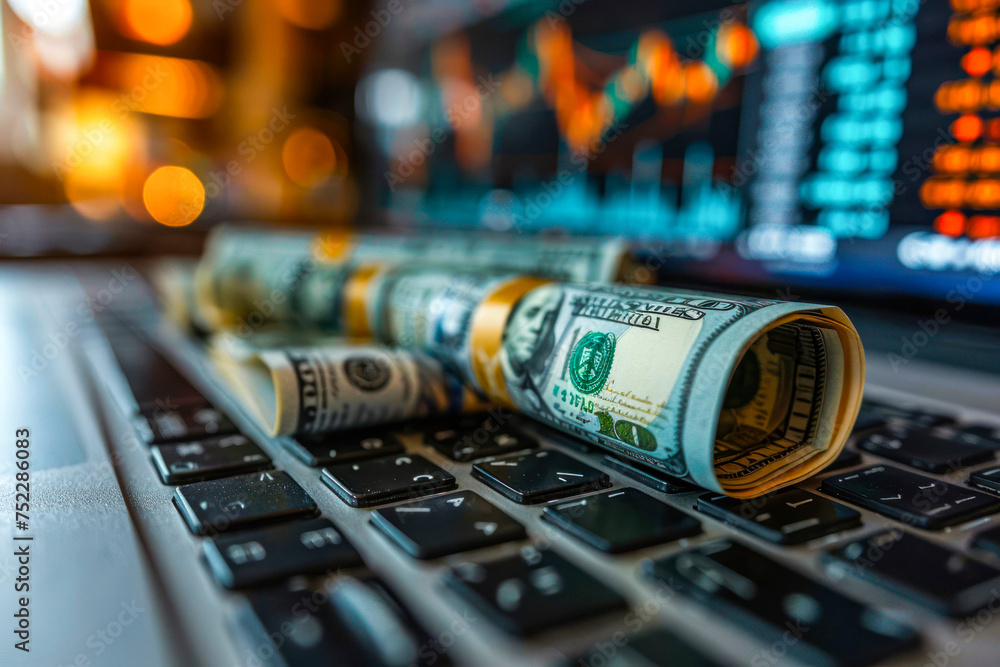 Poster a neatly rolled-up dollar bill on a computer keyboard against the background of a stock market chart