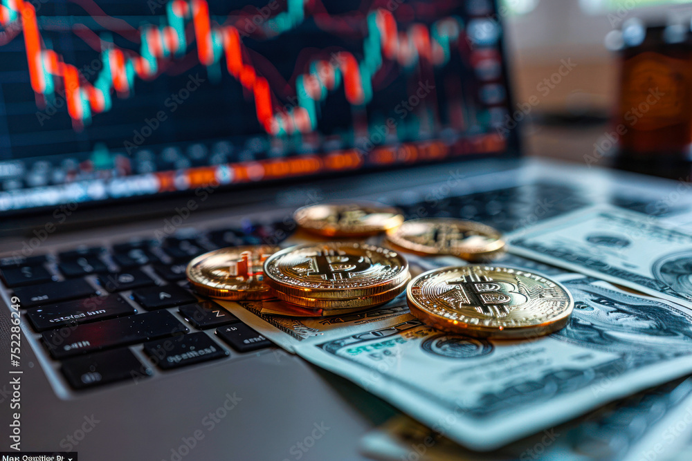 Poster close-up view of a laptop screen with stock graph, bitcoin coins, and us dollar bills illuminated an