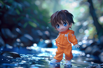 Vivid 4D photograph of a cute chibi boy with chestnut brown hair - obrazy, fototapety, plakaty