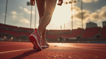 Close up of an athlete's feet wearing sports shoes on a challenging track. Trail running workout on on stadium.