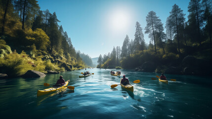 A group of friends enjoying having fun and kayaking while exploring the calm river, surrounding forest and large natural river canyons. Canoeing down beautiful river in a Forest - obrazy, fototapety, plakaty