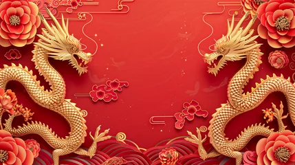 Papier Peint photo autocollant Rouge Lunar New Year Chinese Themed Two Oriental Dragon 2024 of The Happy New Year Chinese, Concept, Year of the Dragon Zodiac Symbol, Background 3D High Detailed in Landscape