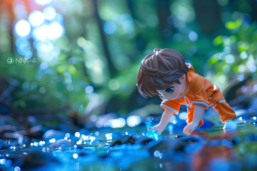 Vivid 4D photograph of a cute chibi boy with chestnut brown hair - obrazy, fototapety, plakaty