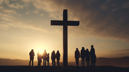 Easter Sunday concept: Silhouette family looking for the cross of Jesus Christ on autumn sunrise background - obrazy, fototapety, plakaty