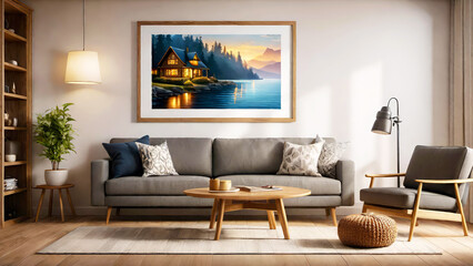 Contemporary modern minimalist living room interior with a light grey and blue color scheme and a landscape painting on the wall.Generative AI