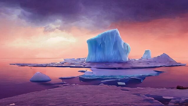 panorama view of the arctic sea, where icebergs are floating, at sunset, when ice melts because of climate change and melting glaciers. AI-generated and digital painting.