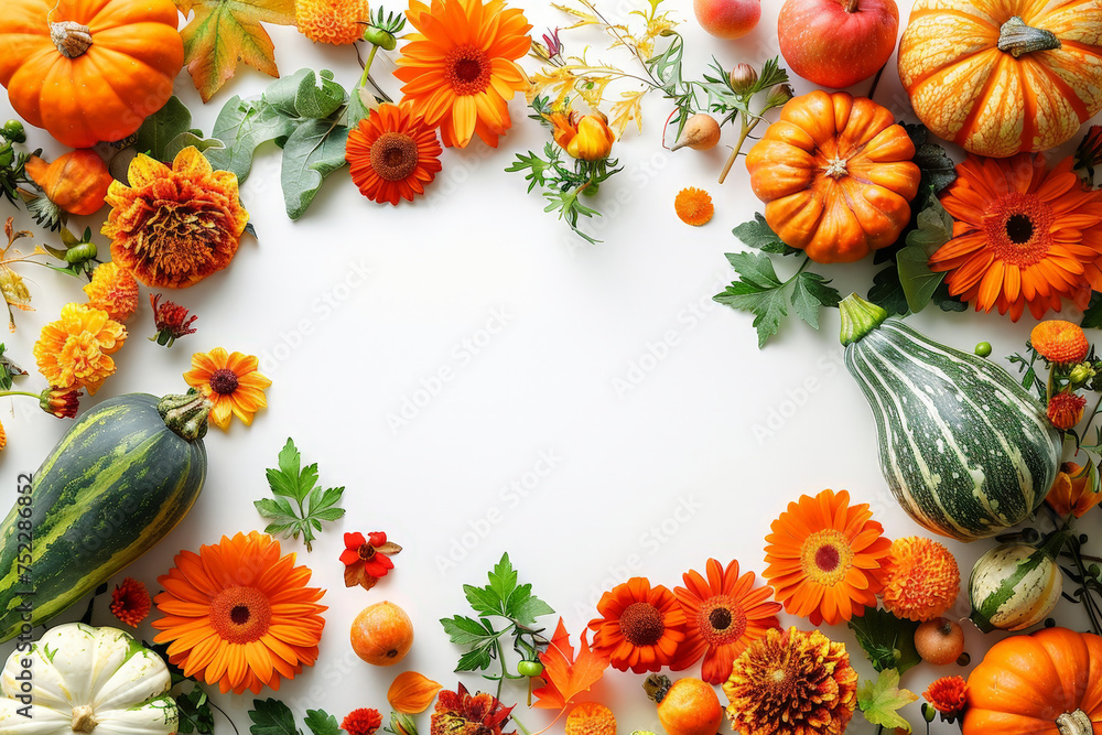 Poster a white table is covered with a variety of pumpkins and vibrant flowers creating a beautiful autumn 