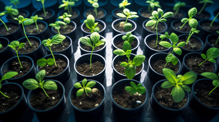 Potted seedlings growing in biodegradable peat moss pots on wooden background with copy space. vegetable seedlings into black soil. Growing organic plants in wooden raised beds as a hobby. - obrazy, fototapety, plakaty