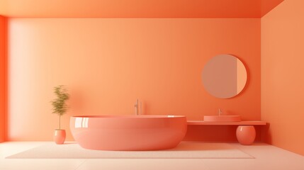 Fototapeta na wymiar Chic peach bathroom interior with contemporary minimalistic 3d design and luxurious bathtub