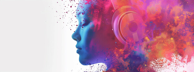 Young woman listening to music in headset, double exposure with multicolored dust cloud. Copy space, generative ai. - 752287080