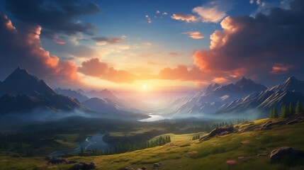 Mountains during sunset. Beautiful natural landscape in the spring time. Scenic image of mountains during sunset. Amazing nature scenery. travel, adventure, concept image. Stunning natural background.