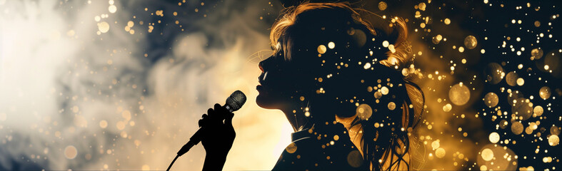 Double exposure with young female artist in concert in a cloud of gold dust. - 752287097