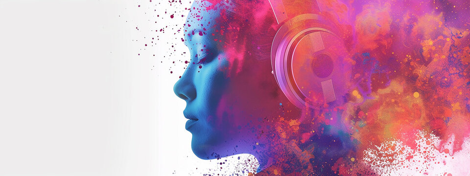 Young woman listening to music in headset, double exposure with multicolored dust cloud. Copy space, generative ai.