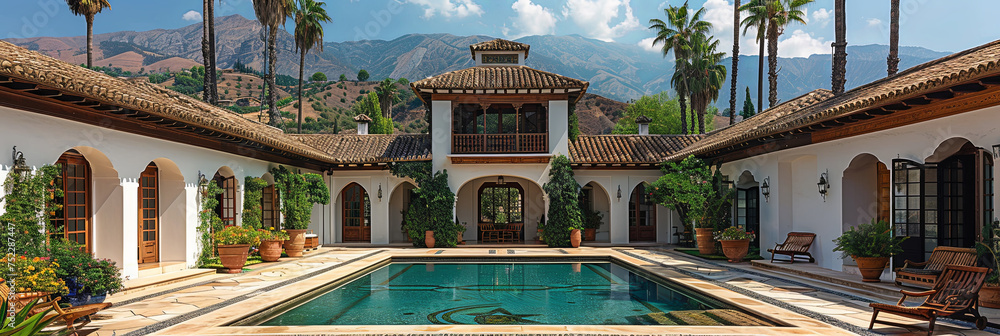 Poster a serene pool nestled amongst lush palm trees beside a modern building, creating a tranquil oasis in