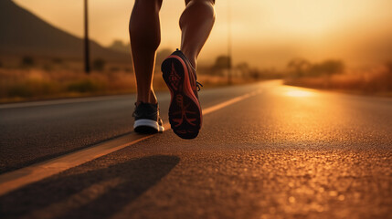 Sports background. Runner feet running on road closeup on shoe. Close up of women's legs running on asphalt road