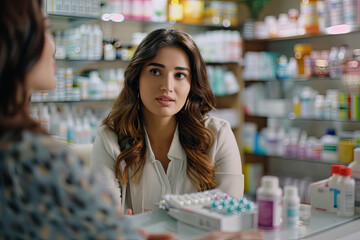 Female pharmacist behind counter explaining usage of medicine - obrazy, fototapety, plakaty
