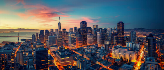 Fototapeta premium A city skyline at night with a beautiful sunset in the background