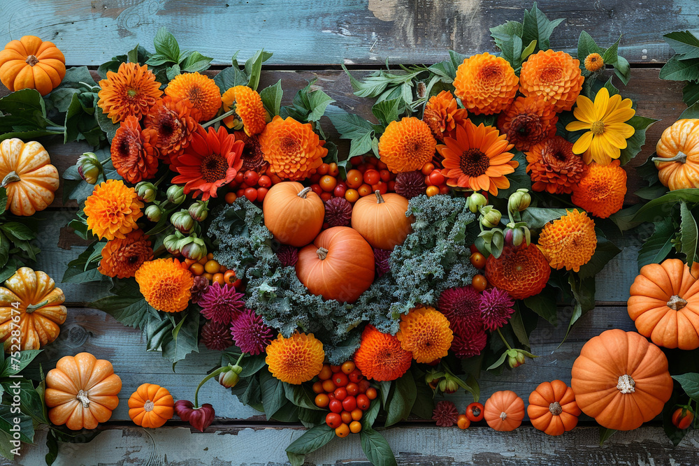 Poster A unique arrangement featuring a heart shape made of vibrant flowers intermixed with pumpkins, creating a whimsical and festive display