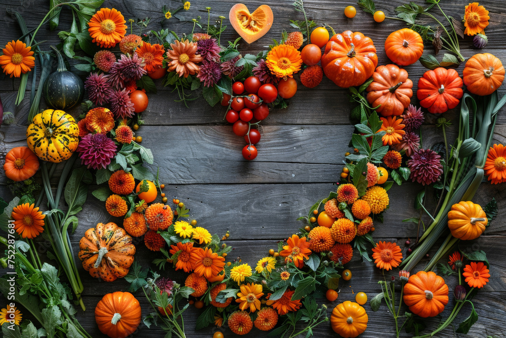 Poster a heart-shaped arrangement crafted from a mix of delicate flowers and vibrant pumpkins, blending nat