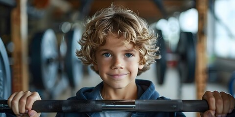 Young boy happily displaying his strength by lifting a barbell. Concept Strength Training, Fitness,...