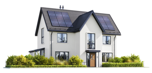 Modern house with solar panels on a transparent background